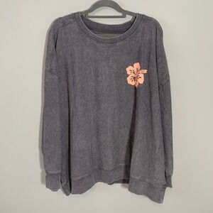 NEW Maurices Gray Ribbed Long Sleeve Sweatshirt Hibiscus Graphic Oversized 4X